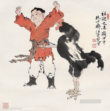 Niño Fangzeng y gallo viejo chino. Pinturas al óleo